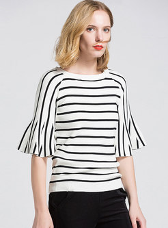 Striped Flare Half Sleeve O-neck Knitted Top