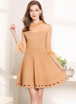 Yellow High Waist Lace Stitching Hollow Out Perspective Dress