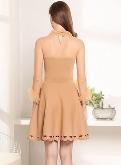 Yellow High Waist Lace Stitching Hollow Out Perspective Dress