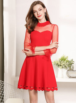 Red High Waist Lace Gauze Stitching Perspective Dress