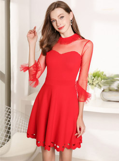 Red High Waist Lace Gauze Stitching Perspective Dress