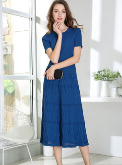 Blue Short Sleeve Knitted T-Shirt & Stylish Midi Skirt