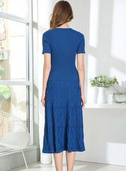 Blue Short Sleeve Knitted T-Shirt & Stylish Midi Skirt
