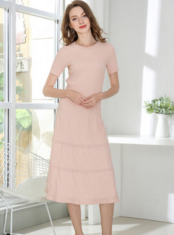 Brief Pink Short Sleeve Knitted T-Shirt & Stylish Midi Skirt