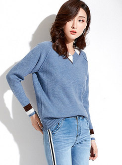 Stylish Elegant V-neck Contrast-color Knitted Sweater