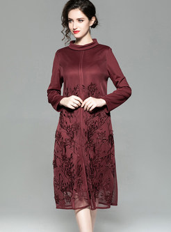 Solid Color Mesh Embroidered Stitching Long Sleeve Dress