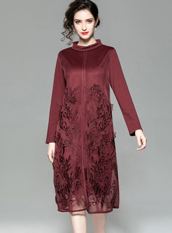 Solid Color Mesh Embroidered Stitching Long Sleeve Dress