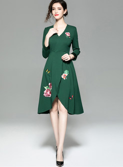 Trendy High Waist Long Sleeve Embroidered Dress