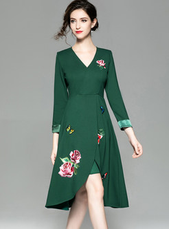 Trendy High Waist Long Sleeve Embroidered Dress