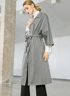 Single-breasted Tie-waist Slim Striped Trench Coat