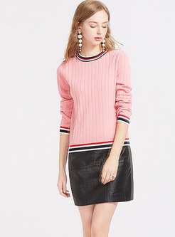 Sweet Striped O-neck Slim Knitted Sweater