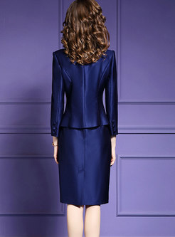 Fashion Blue Notched Blazer & Sleeveless Vest Midi Dress