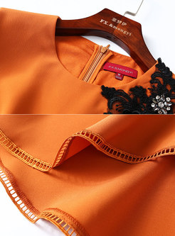 Stylish Orange Lace Stitching Beaded Embroidery Flouncing Dress