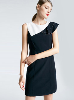Elegant Color-blocked Sleeveless Falbala Sheath Dress