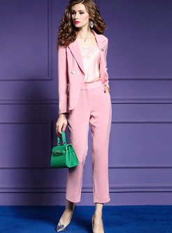 Trendy Work Daily Pink Lapel Blazer & Flare Pants
