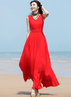 Red O-neck Sleeveless High Waisted Maxi Dress