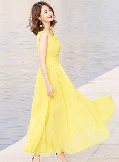 Yellow O-neck Sleeveless Waist Maxi Dress