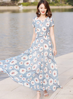 Elegant Print Short Sleeve Maxi Dress