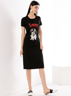 Black Cartoon Dog Short Sleeve T-shirt Dress