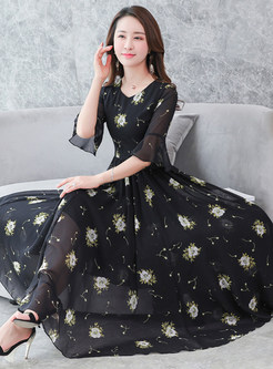 Black Casual Print Flare Sleeve Waist Maxi Dress