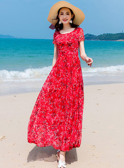 Red Floral Print Chiffon Maxi Dress