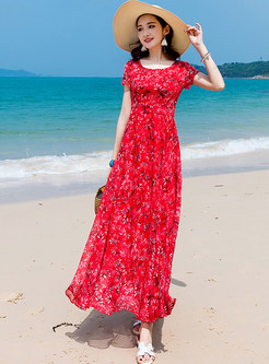 Red Floral Print Chiffon Maxi Dress