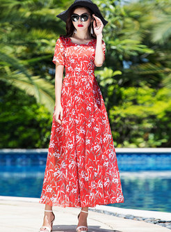 Red Print Short Sleeve Beach Maxi Dress