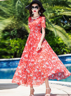 Red Print Short Sleeve Beach Maxi Dress