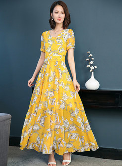 Yellow Floral Print V-neck Chiffon Dress
