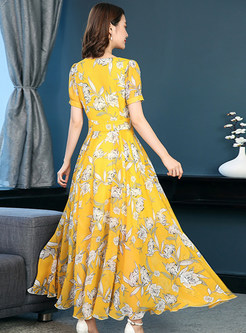Yellow Floral Print V-neck Chiffon Dress
