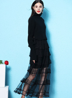 Black Turtle Neck Sweater & Mesh Maxi Dress