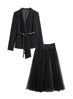 British Lapel Blazer & High Waist Mesh Pleated Skirt