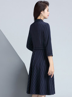 Brief Autumn Blue V-neck Striped Midi Dress