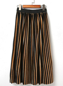 Fashion Striped Velvet Elastic Waist Pleated Skirt