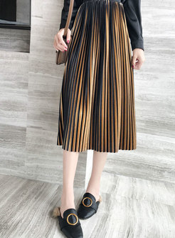 Fashion Striped Velvet Elastic Waist Pleated Skirt