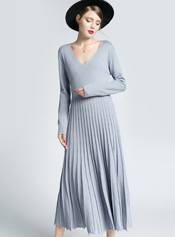 Solid Color Sweet Slim Pleated Knitted Maxi Dress
