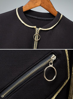 Brief Black Solid Hoodies Zipper-front Tunic 