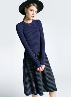 Trendy O-neck Long Sleeve Splicing Striped Dress