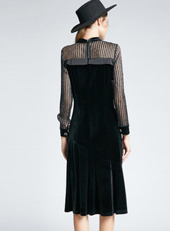 Fashion O-neck Splicing Waist Slim Velvet Dress