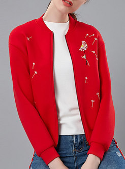 Autumn Casual Red Zip-up Embroidered Cardigan Coat
