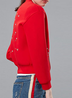 Autumn Casual Red Zip-up Embroidered Cardigan Coat