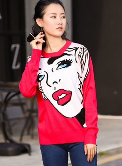 Brief Red Print Knitted Long Sleeve Sweater