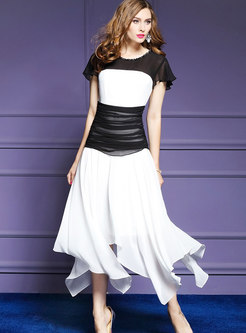 Fashion Black-white Blocked Asymmetric Chiffon Dress