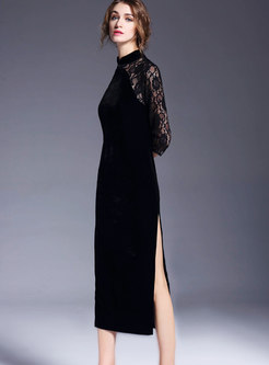 Velvet Splicing Stand Collar Side-slit Sheath Dress