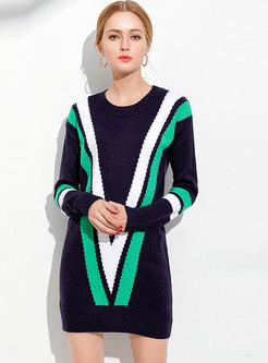 Color-blocked O-neck Loose Knitted Sweater