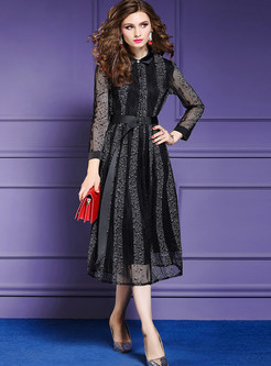 Trendy Lapel Waist Lace Splicing Mesh A Line Dress