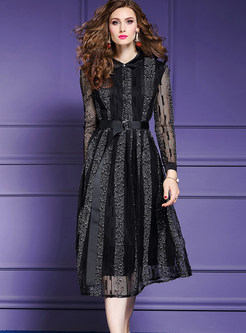 Trendy Lapel Waist Lace Splicing Mesh A Line Dress