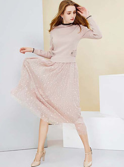 High Neck Solid Color Knitted Sweater & Pleated Skirt