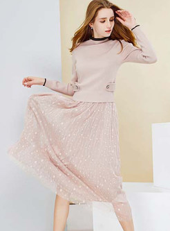 High Neck Solid Color Knitted Sweater & Pleated Skirt