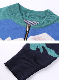 Stylish Print Stand Collar Zip-up Sweater & Print Sheath Skirt